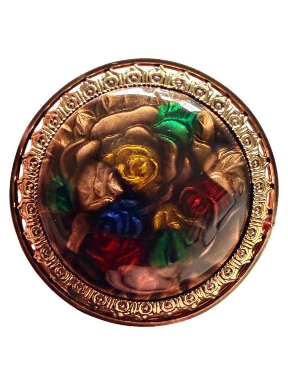 Vintage Reverse Carved Lucite Brooch Gold Tone Floral Pin 1950s New Old Stock